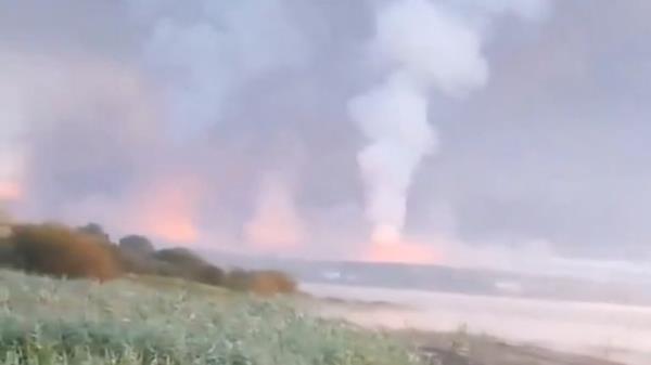 Smoke and flames rise following a Ukrainian drone attack, amid the Russia-Ukraine conflict, in Toropets, Tver region, Russia September 18, 2024, in this screen grab obtained from a social media video. Social media/via REUTERS THIS IMAGE HAS BEEN SUPPLIED BY A THIRD PARTY. NO RESALES. NO ARCHIVES.